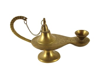 MCM Mid Century Modern 1950s Antique Vintage Brass Aladdin Magical Genie Oil Lamp Chirag Incense Burner 7" Lantern Metal India 7x4x3 in