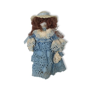 Vintage Handmade Lace Doily 1920s Theme Style Fashion Doll Blue White Dress Frizzy Curly Red Hair Hat Ribbon Purse Bag on Stand 10x4 in