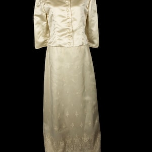 Handmade Women Mother of Bride Wedding White Cream Ivory Lace Polyester Satin Formal Long Sleeve 38 Bust Suit Jacket Skirt Dress Large 12-14