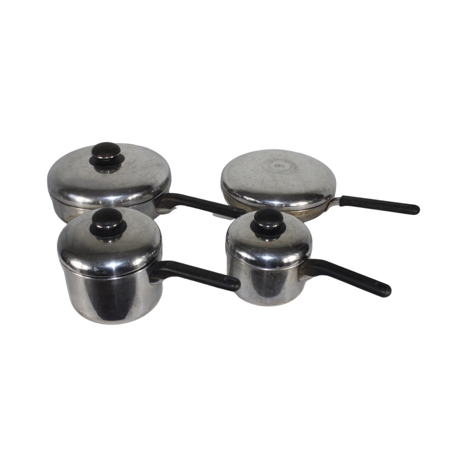 Lot Set of 4 Cuisine Cookware 8” / 9-1/2" / 1 qt Quart / 10" Copper Stainless Steel Sandwich Base Frying Skillet Sauce Pan Saucepan Pot Lid