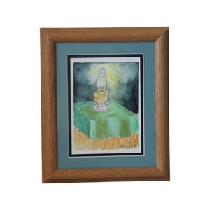 Handmade Artwork Original Watercolor Painting Old Oil Lamp Farmhouse Table Oak Matted & Framed Signed by Artist 8x10 in (12x10x1&quot; Exterior)