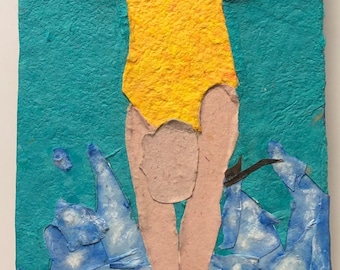 Original Artwork Swimmer Diving  pool 6" X 12" on panel