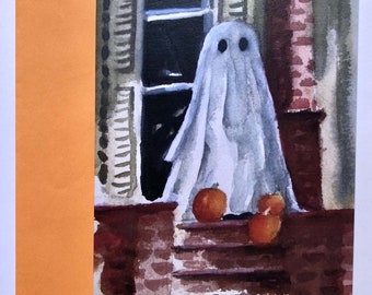 Halloween Ghost Pumpkins Watercolor 5 X 7  Note Card Frame able Artwork