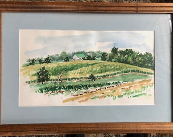 Framed  Original Watercolor Landscape Painting Artwork  15" x 23"