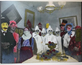 Halloween Party Scene Scary Creepy Masks Costumes  Print from Antique Photo 8" x  6"