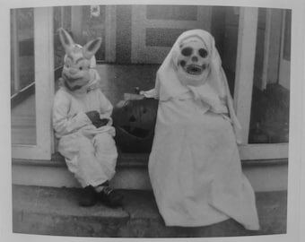 Halloween vintage photo reprint Ghost Scary Kids Costumes Masks JOL 4” x 5” Frameable
