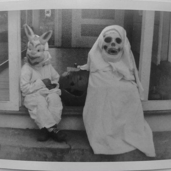 Halloween vintage photo reprint Ghost Scary Kids Costumes Masks JOL 4” x 5” Frameable