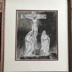 Crucifixion Religious Easter 14&#39; x 13&quot; Artwork Framed Original Drawing