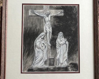 Crucifixion Religious Easter 14' x 13" Artwork Framed Original Drawing