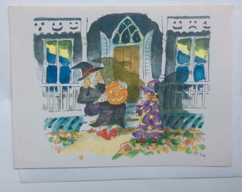 Halloween 5 x 7 Greeting Note Card Witch Mom Child Daughter Jack O Lantern