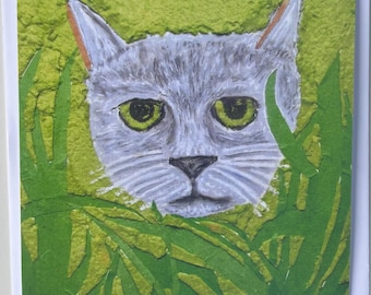 Cat in Grass Note or Greeting Card  5 x 5 Original Artwork Frameable with Envelope