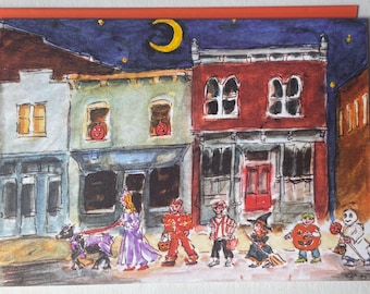 Pode incluir: Uma ilustração em aguarela de crianças com fatos de Halloween a caminhar numa rua à noite. A cena apresenta um céu azul escuro com uma lua crescente amarela, edifícios de tijolo com janelas iluminadas e um grupo de crianças fantasiadas.