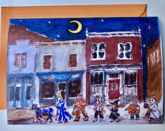 Halloween Parade Trick or Treat JOL Watercolor and Ink 5 x 7 Note Greeting Card Frameable