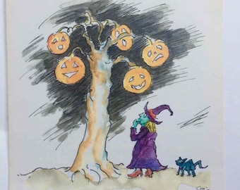 Halloween Witch Pumpkins Black Cat Watercolor and Ink 5 x 7  Note Greeting Card Frameable