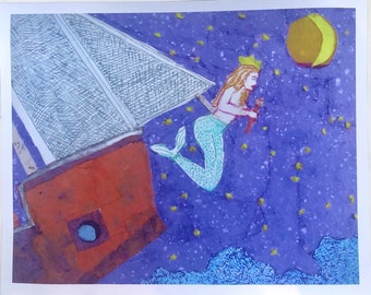 Mermaid Ride Art Print Giclee 12" x 14"  Summer Night Carnival Frameable