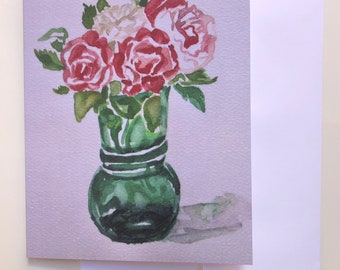 Flowers Roses Vase Watercolor Still Life Artwork Frameable Note Card 4” x 5”