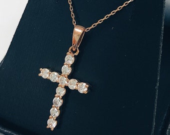 Tiny Cross Diamond Necklace- Rose Gold