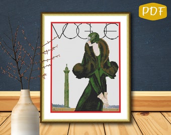 Handmade Autumn Lady with Coat Vintage French Vogue Inspired Cross Stitch Frame Vogue Cover Stitch Cross
