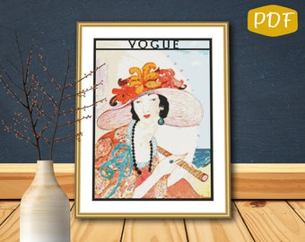 Handmade Autumn Lady with Coat Vintage French Vogue Inspired Cross Stitch Frame Vogue Cover Stitch Cross