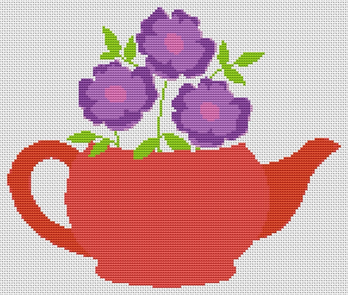 Flowers in Teapot Counted Cross Stitch Pattern PDF Chart Easy Etsy