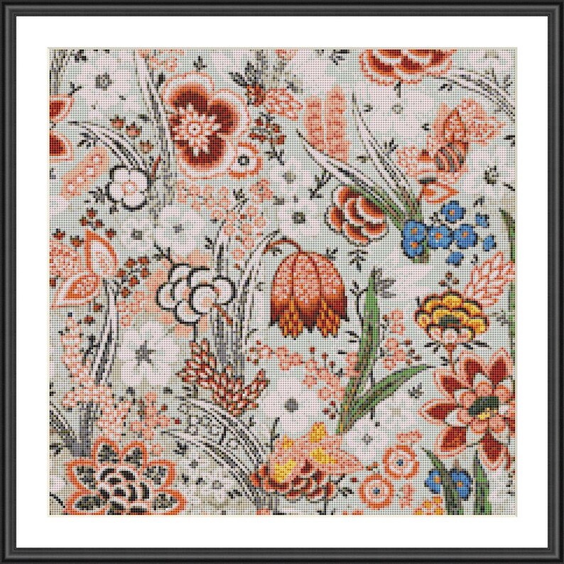 Old Fashioned Flowers Jacobean Counted Cross StitchNeedlepoint Pattern PDF Chart Instant Download Wall Art or Pillow