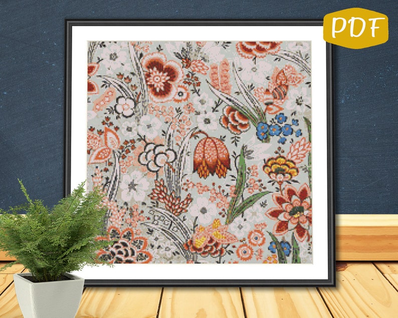 Old Fashioned Flowers Jacobean Counted Cross StitchNeedlepoint Pattern PDF Chart Instant Download Wall Art or Pillow