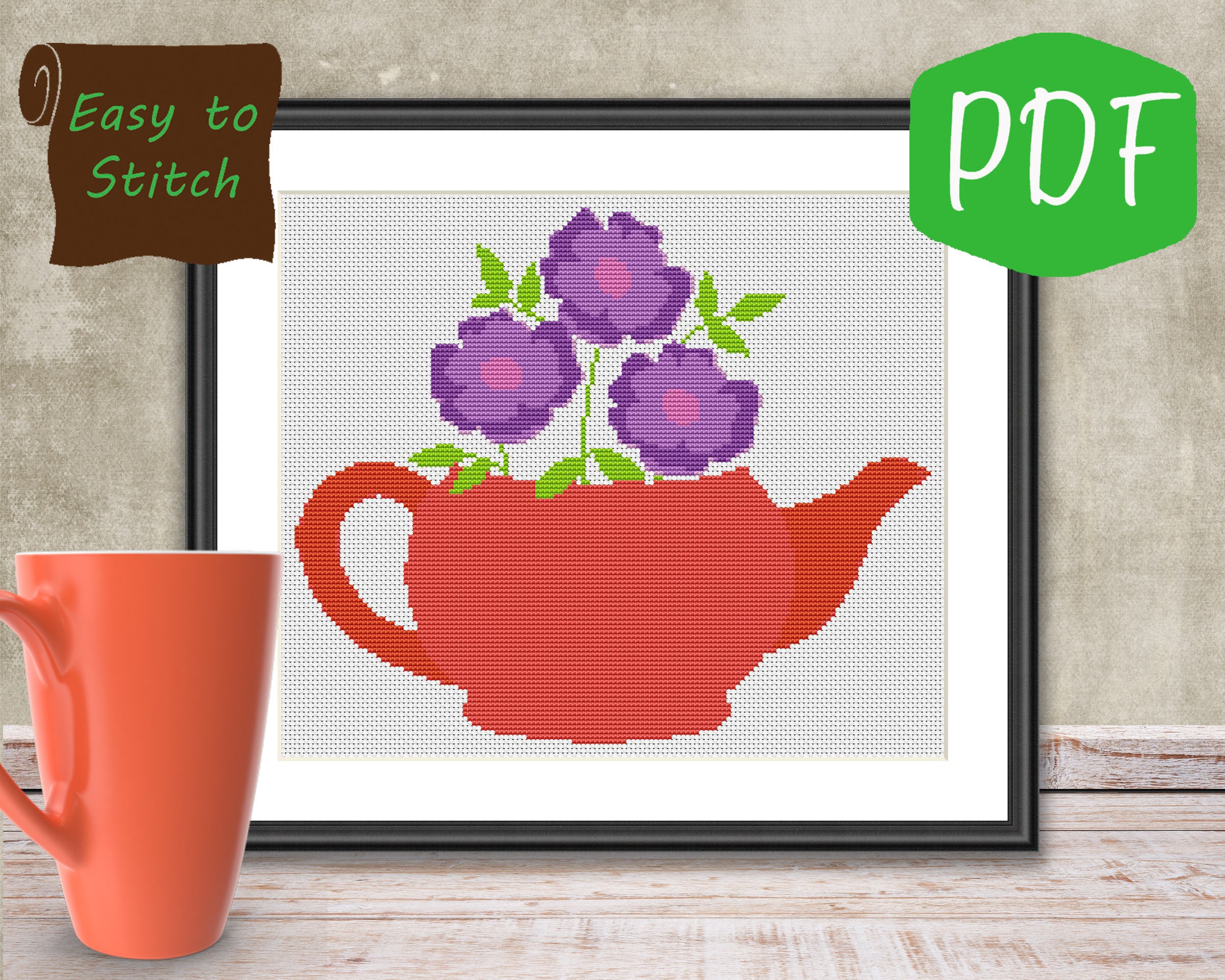 Flowers in Teapot Counted Cross Stitch Pattern PDF Chart Easy Etsy