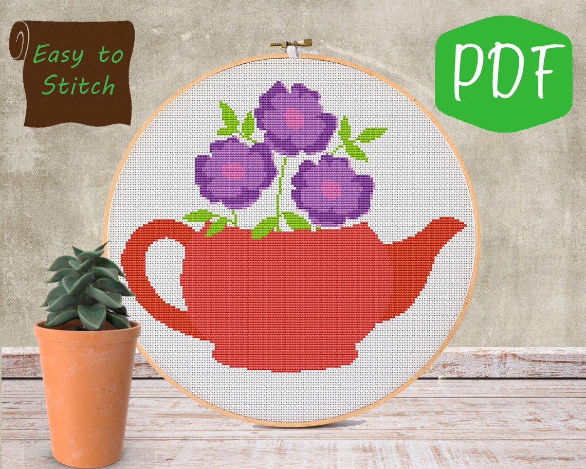 Flowers in Teapot Counted Cross Stitch Pattern PDF Chart Easy Etsy