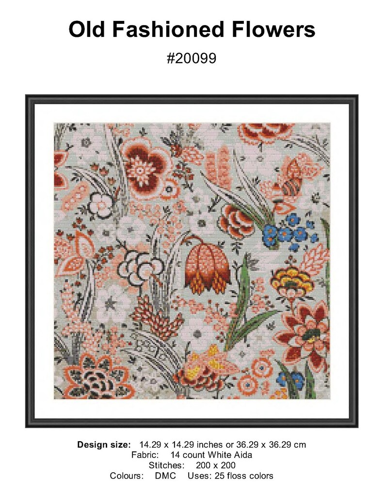 Old Fashioned Flowers Jacobean Counted Cross StitchNeedlepoint Pattern PDF Chart Instant Download Wall Art or Pillow