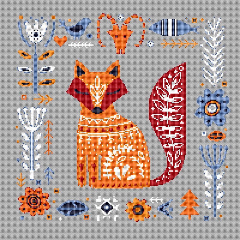 Nordic Fox Folk Art Counted Cross Stitch/Needlepoint Pattern Etsy