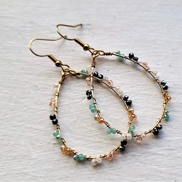 Seed Bead Loop Earrings, Wire Wrapped Earrings, Bead Dangle, Bed Drop, Boho Earrings, Hippie, Fashion Drop, Oval Hoop, Bead Hoop Earrings