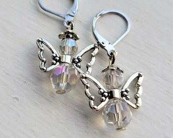 Boucles d'oreilles ange avec perles de verre, ange de Noël, céleste, céleste, boucles d'oreilles pendant les fêtes, ange de Noël, boucles d'oreilles cadeaux, aile d'ange plaquée argent