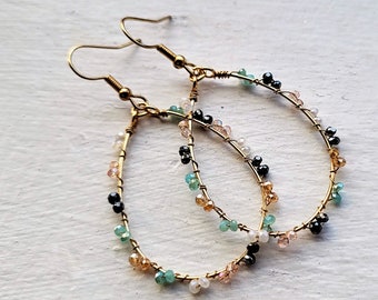 Seed Bead Loop Earrings, Wire Wrapped Earrings, Bead Dangle, Bed Drop, Boho Earrings, Hippie, Fashion Drop, Oval Hoop, Bead Hoop Earrings