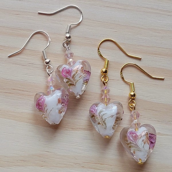 Lampwork Heart Glass Bead Earrings, Valentines Day Gift, Glass Heart, Gold Plated Heart, Silver Plated Heart, Romantic Earrings, Love Gift,