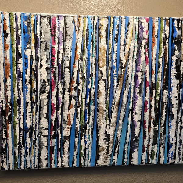 Metallic Birch Trees Acrylic Painting, Magical Forest on Canvas, 16x20 Hand-Painted Wall Art, Unique Metallic Tree on Canvas, Aspen Trees