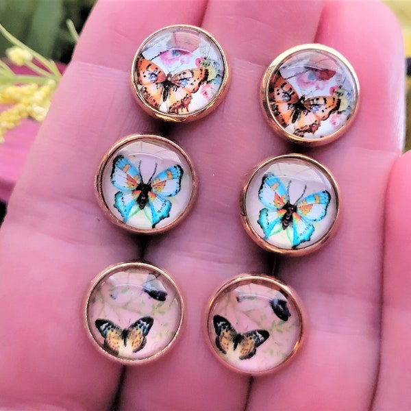 Butterfly Stud Earrings, Springtime, Glass Dome Lead Free Nickel Free, Gold Plated Stud, Blue Black Butterfly, Gift, Rose Butterfly Earring