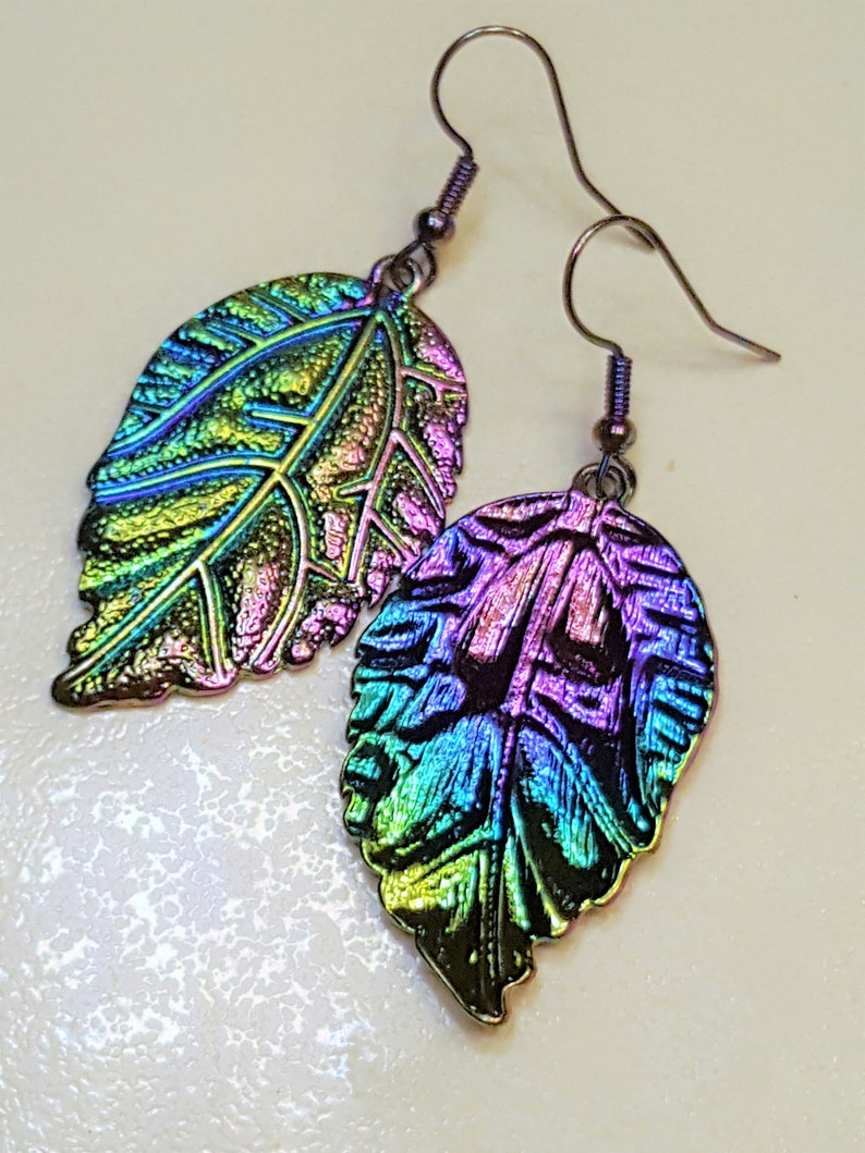Mardi Gras Patricks Day Rainbow Nickel Free Rainbow Oil Slick Leaf Earrings LGBTQ Leaf St Gift Nickel Free Fishhook Ear Wire Earrings