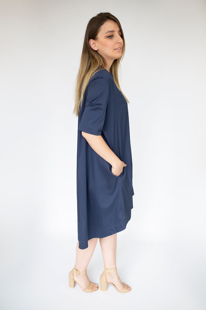 classic Dress with pockets women/'s dress short sleeve crisp Premium Quality cotton A Shaped classic Navy Dress easy dry No Iron needed