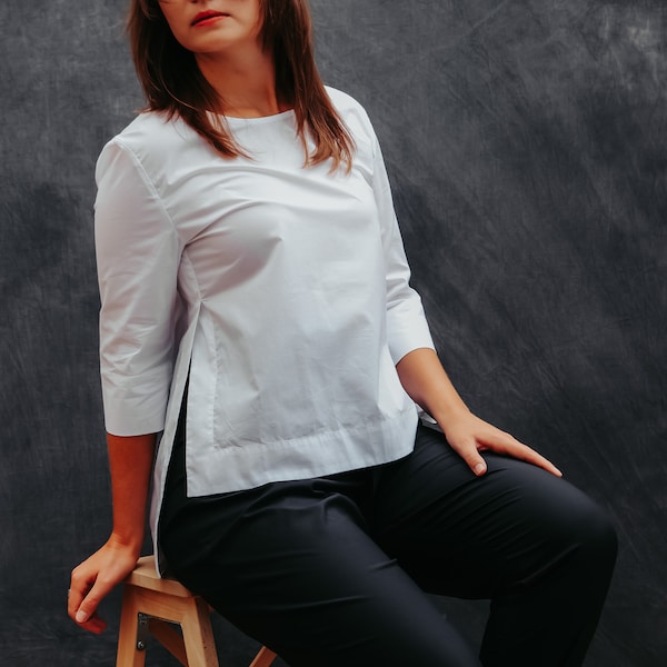 Women's Classic 3/4 Sleeve cotton Collarless Dress Work Shirt Blouse organic blouse office shirt classic shirt white organic cotton blouse