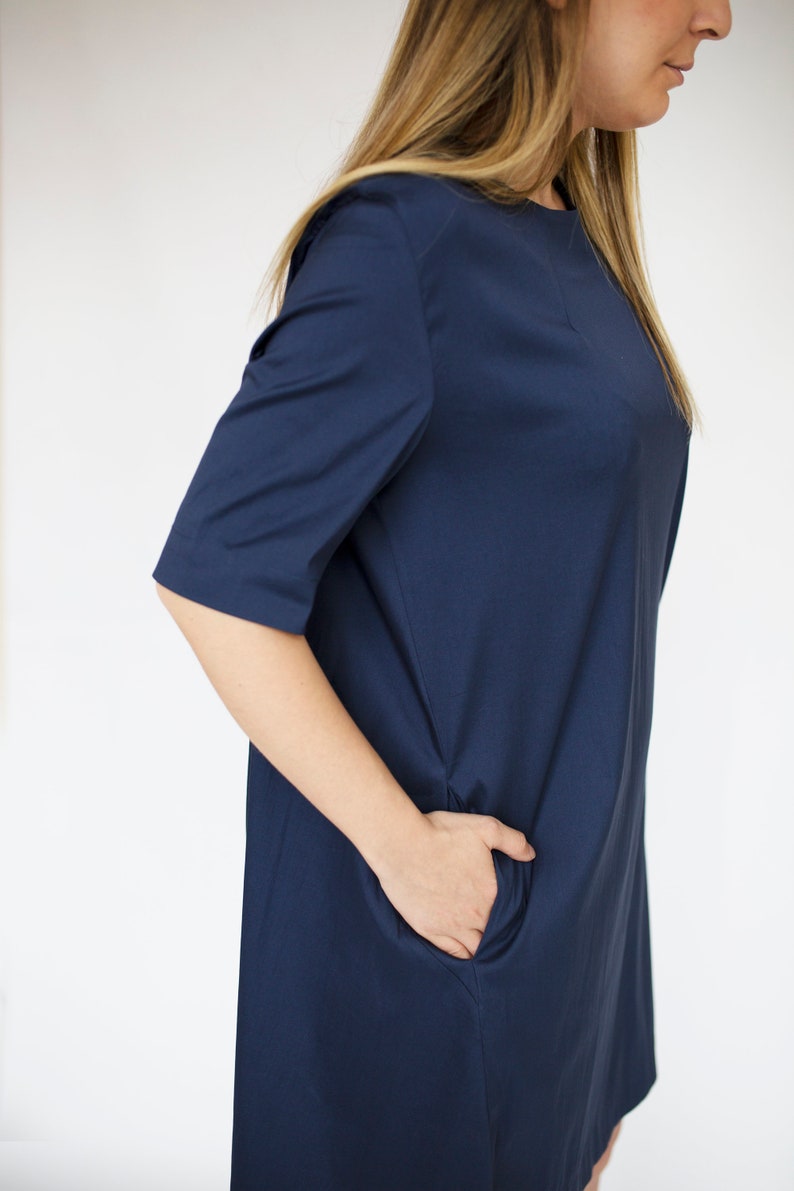 classic Dress with pockets women/'s dress short sleeve crisp Premium Quality cotton A Shaped classic Navy Dress easy dry No Iron needed