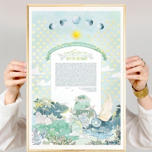 Ocean Paradise wedding ketubah, Ketubah jerusalem, Ketubah watercolor, Ketubah text