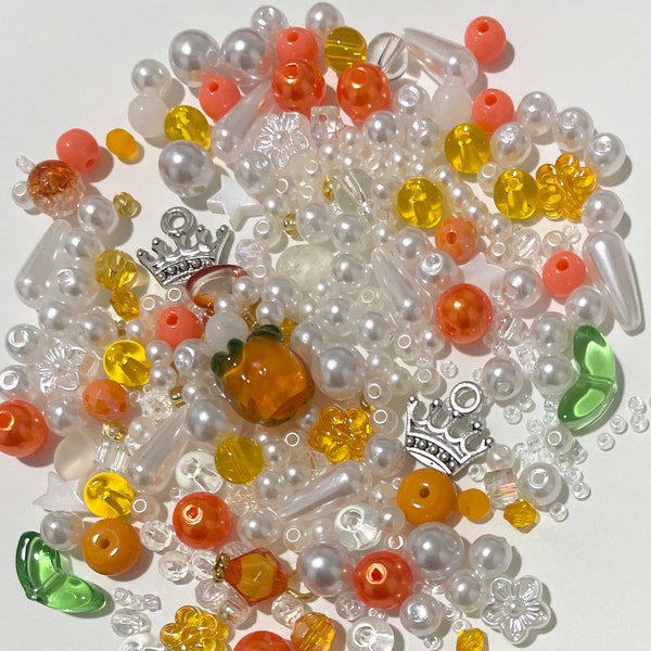 Orange Crown Bead Soup with crown pendants, y2k glass beads,bead mix, Y2K jewelry making, DIY, gift idea, fairycore, cottagecore