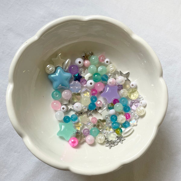 Bubbly Stars Bead Soup. glass beads, cottagecore,fairy,silver pendants,Y2K beads, jewelry making,DIY, gift idea,beads mix,hearts,stars