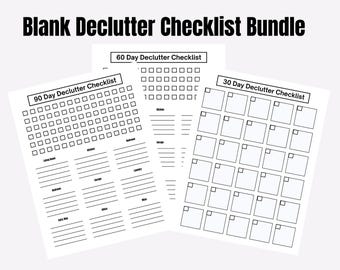 Op de afbeelding: Een bundel van drie blanco checklists voor het opruimen. De checklists zijn ontworpen voor 30, 60 en 90 dagen. Elke checklist heeft vakjes om de voortgang bij te houden en lijnen om gebieden om op te ruimen te vermelden. De titel "Blank Declutter Checklist Bundle" staat bovenaan.