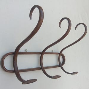 May include: A dark brown bentwood wall-mounted coat rack featuring three curved hooks attached to an oval-shaped frame. The structure is made of smooth, polished wood with two small metal eyelets visible on the horizontal bar for mounting purposes.