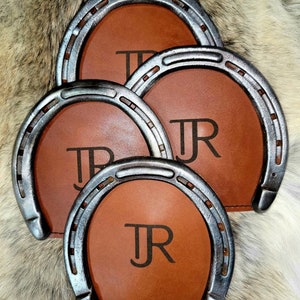 Engraved Horseshoe & Leather Rustic Coasters. **New colors available!!**