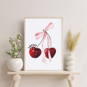 Wall Art Feminine Poster Prints Cherry Wall Print Pink Bow Posters Soft Girl Bedroom Decor Trendy Retro Wall Art Vintage Decor