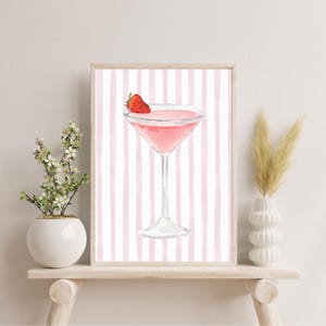 Retro Watercolor Champagne Cocktail Poster-Aesthetic Girly Bar Cart Art-Preppy Pink Posters-Wine Bottle Cute Girly Poster Champagne Wall Art