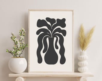 Humeurige botanische kunst, organische grote abstracte print, abstracte bloemen muurdecoratie, moderne beige en zwarte muurkunst uit het midden van de eeuw, kunst aan de muur print
