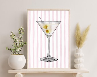 Impresión de martini, martini rayado, impresión artística de carrito de bar, descarga digital, impresión artística de cóctel, impresión artística de martini, descarga digital de decoración de carrito de bar